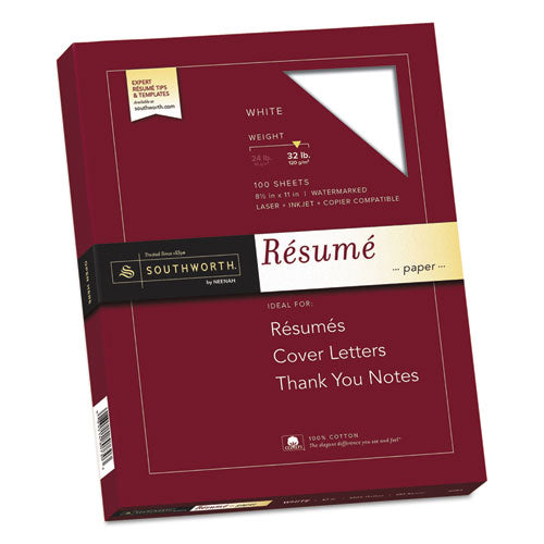 Image of Southworth® 100% Cotton Resume Paper, 95 Bright, 32 lb Bond Weight, 8.5 x 11, White, 100/Pack