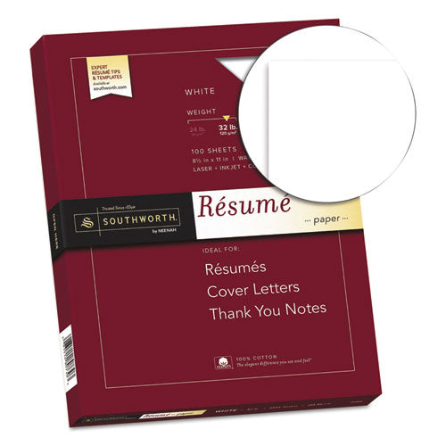 Image of Southworth® 100% Cotton Resume Paper, 95 Bright, 32 lb Bond Weight, 8.5 x 11, White, 100/Pack