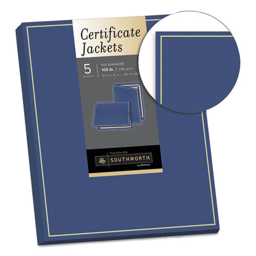 Image of Southworth® Certificate Jacket, Navy/Gold Border, 88-lb Felt Finish Stock, 12 x 9.5, 5/Pack