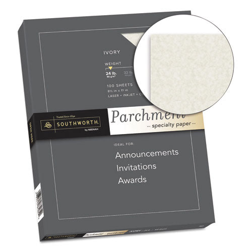 Image of Southworth® Parchment Specialty Paper, 24 lb Bond Weight, 8.5 x 11, Ivory, 100/Pack