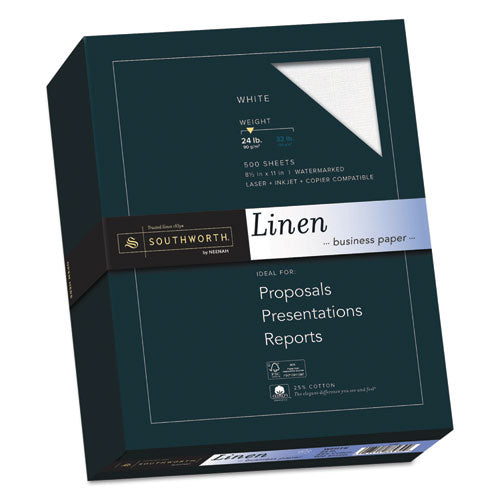 Image of Southworth® 25% Cotton Linen Business Paper, 91 Bright, 24 lb Bond Weight, 8.5 x 11, White, 500/Ream