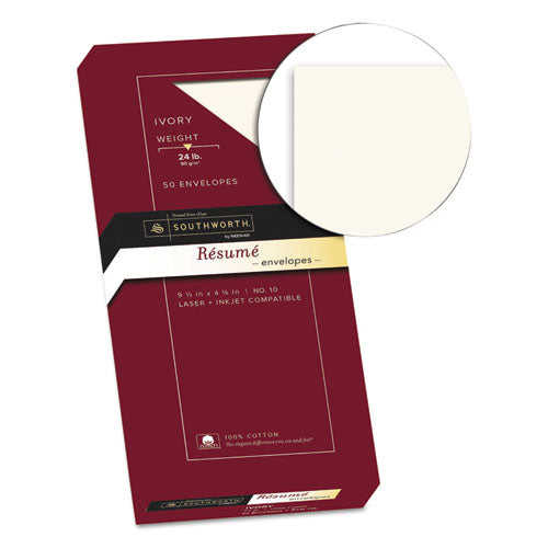 Image of Southworth® 100% Cotton Resume Envelope, #10, Commercial Flap, Gummed Closure, 4.13 X 9.5, Ivory, 50/box
