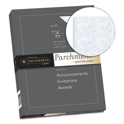 Image of Southworth® Parchment Specialty Paper, 24 lb Bond Weight, 8.5 x 11, Blue, 100/Box