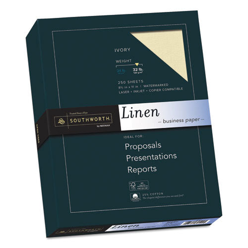 Image of Southworth® 25% Cotton Linen Business Paper, 32 lb Bond Weight, 8.5 x 11, Ivory, 250/Pack