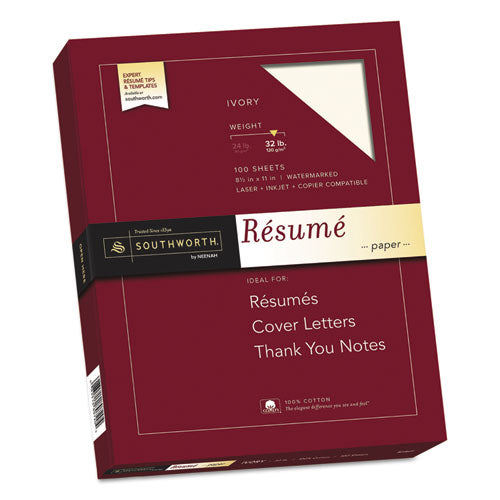 Image of Southworth® 100% Cotton Resume Paper, 32 lb Bond Weight, 8.5 x 11, Ivory, 100/Pack