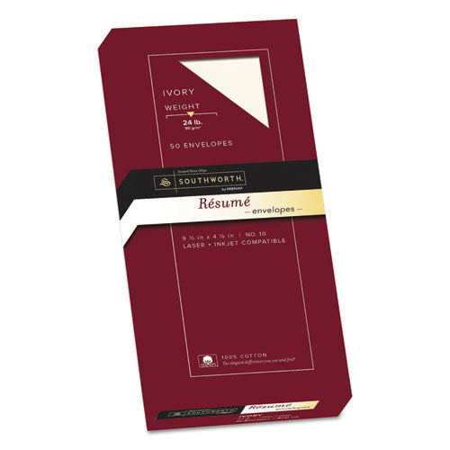 Image of Southworth® 100% Cotton Resume Envelope, #10, Commercial Flap, Gummed Closure, 4.13 X 9.5, Ivory, 50/box
