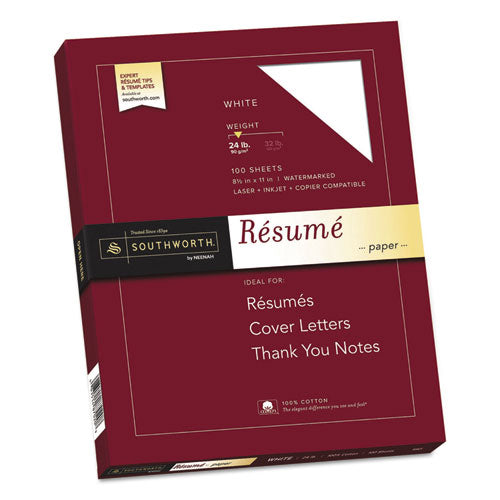 Image of Southworth® 100% Cotton Resume Paper, 95 Bright, 24 lb Bond Weight, 8.5 x 11, White, 100/Pack
