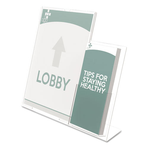 Image of deflecto® Superior Image Slanted Sign Holder With Side Pocket, 13.5w X 4.25d X 10.88h, Clear