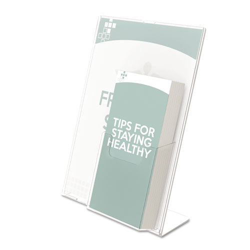 Image of deflecto® Superior Image Slanted Sign Holder with Front Pocket, 9w x 4.5d x 10.75h, Clear