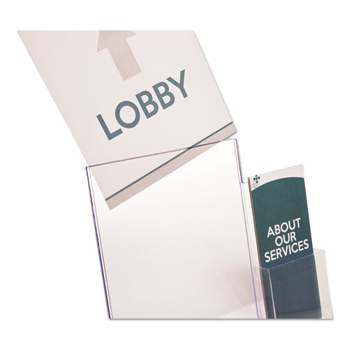 Image of deflecto® Superior Image Slanted Sign Holder With Side Pocket, 13.5w X 4.25d X 10.88h, Clear