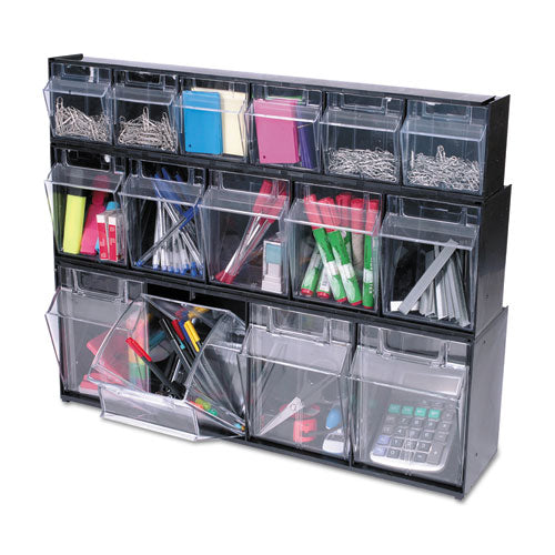 Image of deflecto® Tilt Bin Interlocking Multi-Bin Storage Organizer, 6 Sections, 23.63" X 3.63" X 4.5", Black/clear