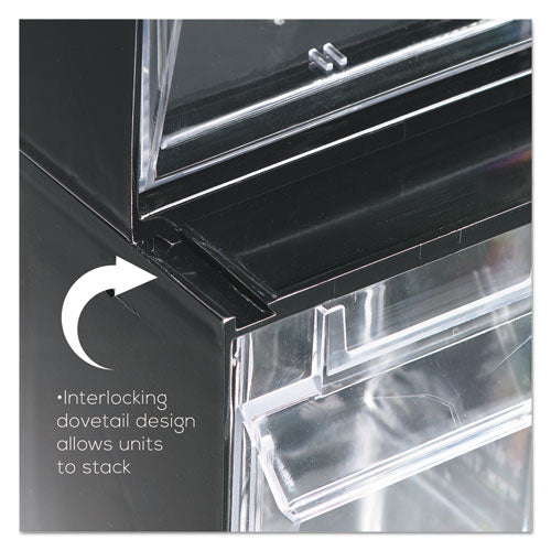Image of deflecto® Tilt Bin Interlocking Multi-Bin Storage Organizer, 3 Sections, 23.63" X 7.75" X 9.5", Black/clear
