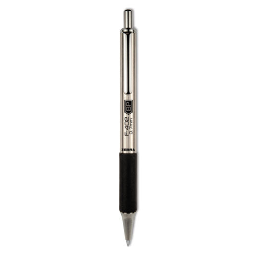 Image of Zebra® F-402 Ballpoint Pen, Retractable, Fine 0.7 Mm, Black Ink, Stainless Steel/black Barrel