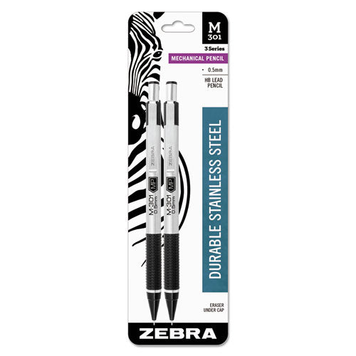 Image of Zebra® M-301 Mechanical Pencil, 0.5 mm, HB (#2), Black Lead, Silver/Black Barrel, 2/Pack