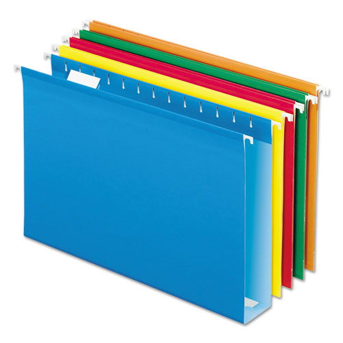 Image of Pendaflex® Extra Capacity Reinforced Hanging File Folders with Box Bottom w/ Tabs, 2" Capacity, Legal, 1/5-Cut Tabs, Asst Colors,25/BX