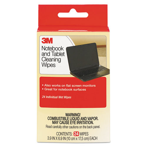 Image of 3M Notebook Screen Cleaning Wet Wipes, Cloth, 1-Ply, 7 x 4, Unscented, White, 24/Pack