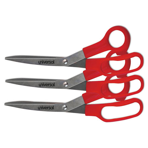 Image of Universal® General Purpose Stainless Steel Scissors, 7.75" Long, 3" Cut Length, Offset Red Handle, 3/Pack