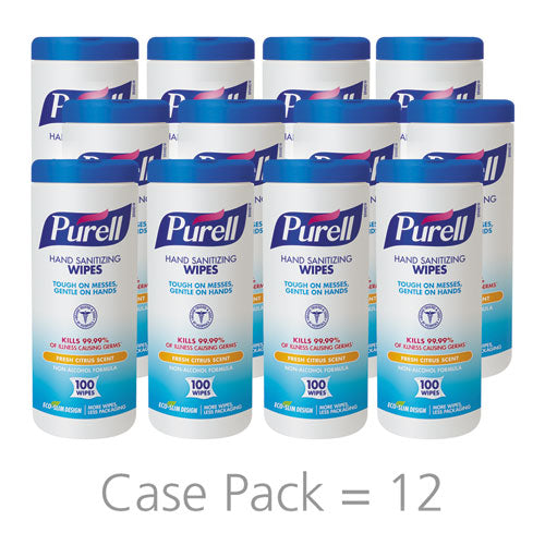 Image of PURELL® Premoistened Hand Sanitizing Wipes, 5.78 x 7, Fresh Citrus, White, 100/Canister, 12 Canisters/Carton