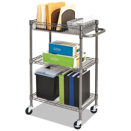 Image of Alera® Three-Tier Wire Cart with Basket, Metal, 2 Shelves, 1 Bin, 500 lb Capacity, 28" x 16" x 39", Black Anthracite