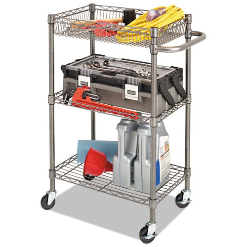 Image of Alera® Three-Tier Wire Cart with Basket, Metal, 2 Shelves, 1 Bin, 500 lb Capacity, 28" x 16" x 39", Black Anthracite