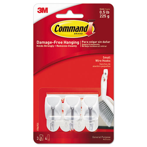 Image of Command General Purpose Wire Hooks, Small, Metal, White, 0.5 lb Capacity, 3 Hooks and 4 Strips/Pack