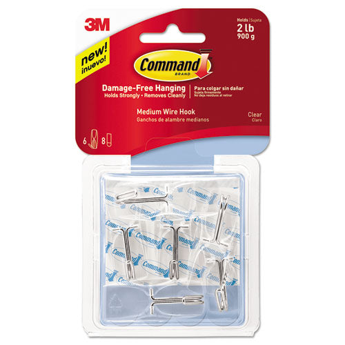 Image of Command Clear Hooks and Strips, Medium, Plastic, 2 lb Capacity, 6 Hooks and 8 Strips/Pack