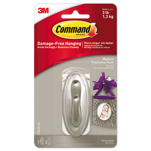 Image of Command Decorative Hooks, Traditional, Medium, Plastic, Brushed Nickel, 3 lb Capacity, 1 Hook and 2 Strips/Pack