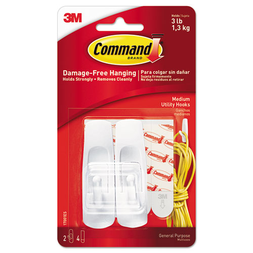 Image of Command General Purpose Hooks, Medium, Plastic, White, 3 lb Capacity, 2 Hooks and 4 Strips/Pack
