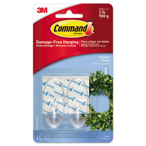 Image of Command Clear Hooks and Strips, Medium, Plastic, 2 lb Capacity, 2 Hooks and 4 Strips/Pack
