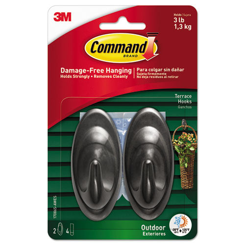 Image of Command All Weather Hooks and Strips, Medium, Plastic, Slate, 3 lb Capacity, 2 Hooks and 4 Strips/Pack