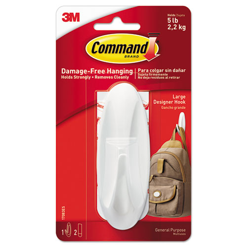Image of Command General Purpose Hooks, Large, Plastic, White, 5 lb Capacity, 1 Hook and 2 Strips/Pack