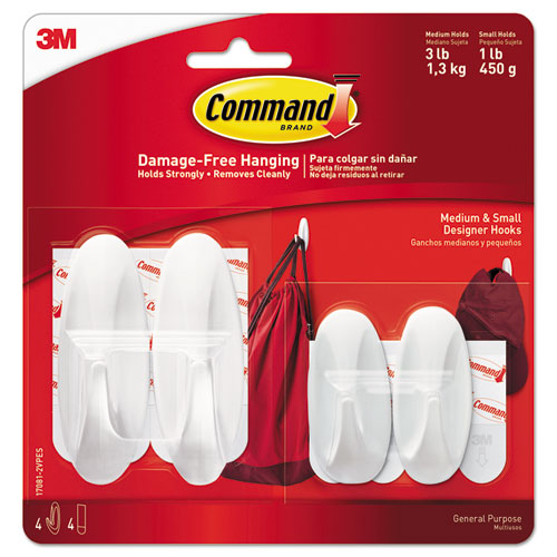 Image of Command General Purpose Designer Hooks, Small/Medium, Plastic, White, 1lb and 3 lb Capacities, 4 Hooks and 4 Strips/Pack
