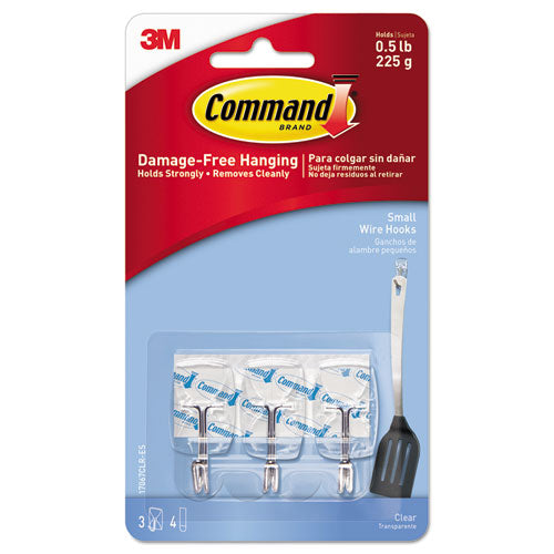 Image of Command Clear Hooks and Strips, Small, Plastic/Metal, 0.5 lb Capacity, 3 Hooks and 4 Strips/Pack