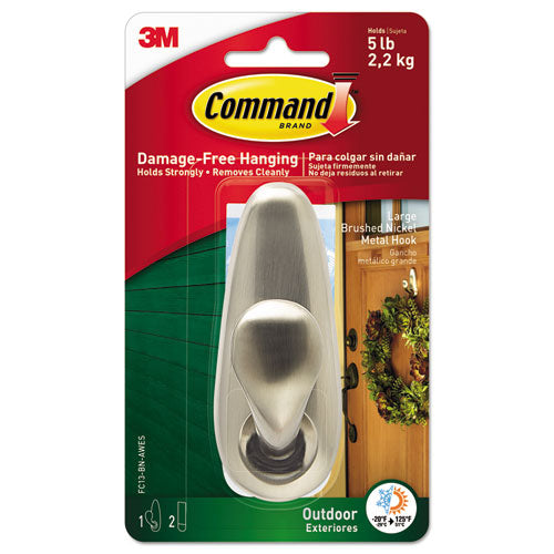 Image of Command All Weather Hooks and Strips, Large, Metal, Brushed Nickel, 5 lb Capacity, 1 Hook and 2 Strips