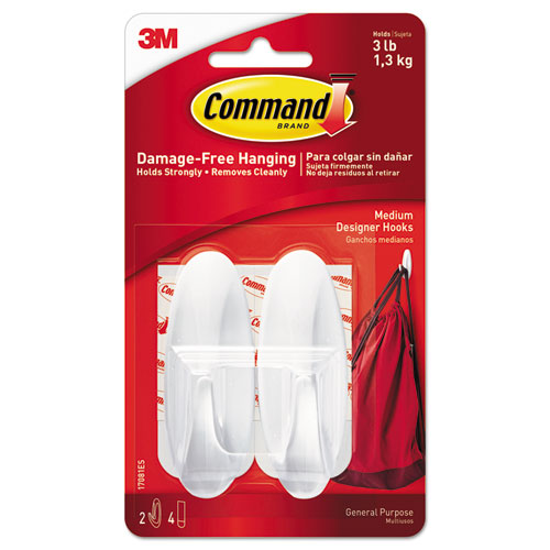 Image of Command General Purpose Designer Hooks, Medium, Plastic, White, 3 lb Capacity, 2 Hooks and 4 Strips/Pack