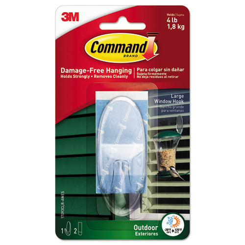 Image of Command All Weather Hooks and Strips, Large, Plastic, Clear, 4 lb Capacity, 1 Hook and 2 Strips/Pack