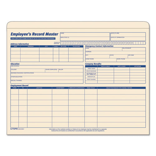 Image of TOPS Employee Record Master File Jacket, Straight Tab, Letter Size, Manila, 20/pack