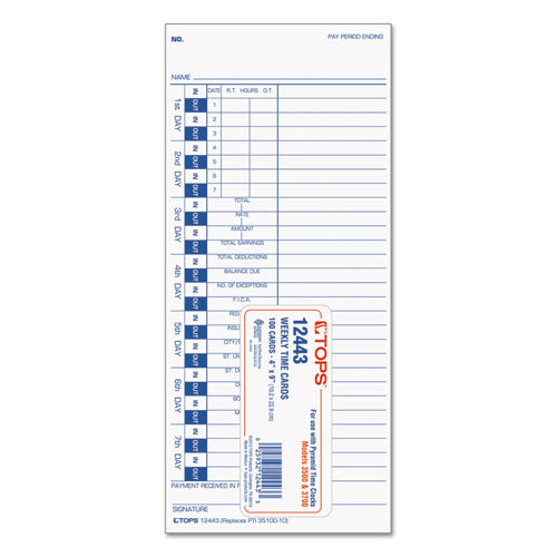 Image of TOPS Time Clock Cards, Replacement For 35100-10, One Side, 4 X 9, 100/pack