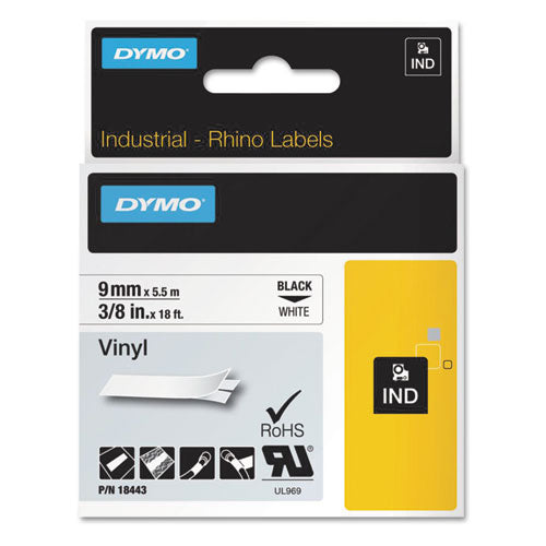 Image of DYMO® Rhino Permanent Vinyl Industrial Label Tape, 0.37" X 18 Ft, White/black Print