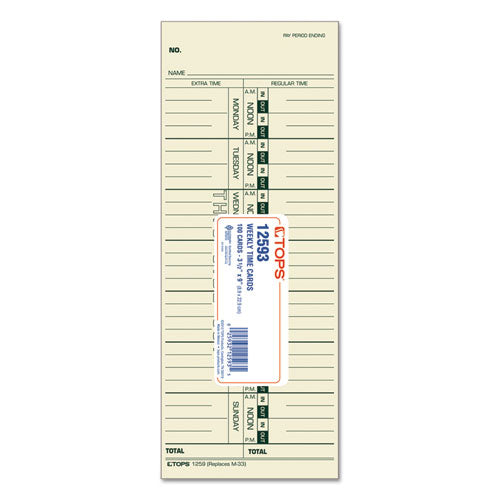 Image of TOPS Time Clock Cards, Replacement For 10-800292/m-33, One Side, 3.5 X 9, 100/pack