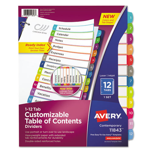 Image of Avery® Customizable TOC Ready Index Multicolor Tab Dividers, 12-Tab, 1 to 12, 11 x 8.5, White, Contemporary Color Tabs, 1 Set