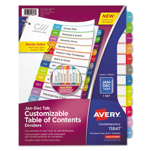 Image of Avery® Customizable TOC Ready Index Multicolor Tab Dividers, 12-Tab, Jan. to Dec., 11 x 8.5, White, Contemporary Color Tabs, 1 Set