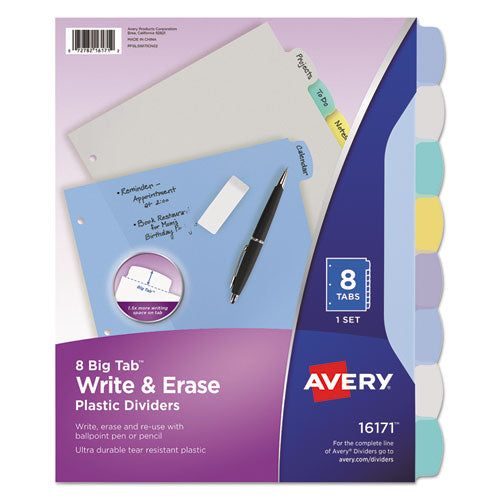 Image of Avery® Write and Erase Big Tab Durable Plastic Dividers, 3-Hole Punched, 8-Tab, 11 x 8.5, Assorted, 1 Set