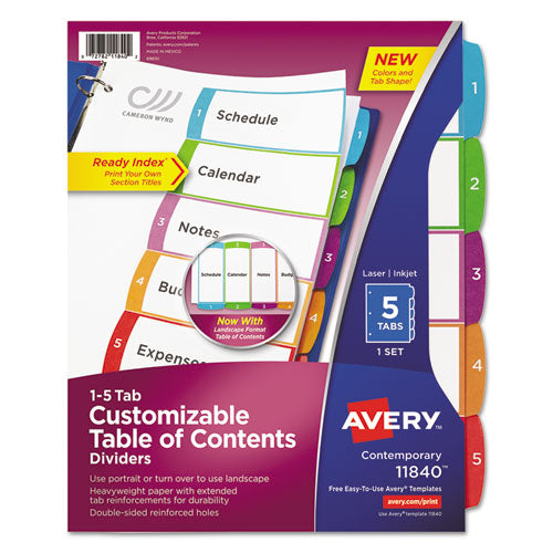 Image of Avery® Customizable TOC Ready Index Multicolor Tab Dividers, 5-Tab, 1 to 5, 11 x 8.5, White, Contemporary Color Tabs, 1 Set