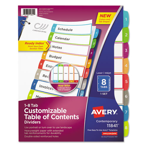Image of Avery® Customizable TOC Ready Index Multicolor Tab Dividers, 8-Tab, 1 to 8, 11 x 8.5, White, Contemporary Color Tabs, 1 Set