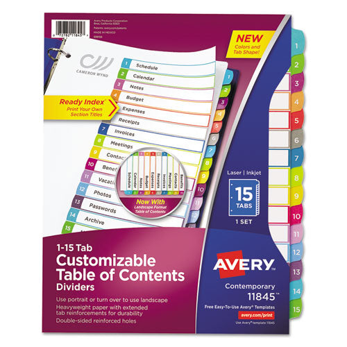 Image of Avery® Customizable TOC Ready Index Multicolor Tab Dividers, 15-Tab, 1 to 15, 11 x 8.5, White, Contemporary Color Tabs, 1 Set