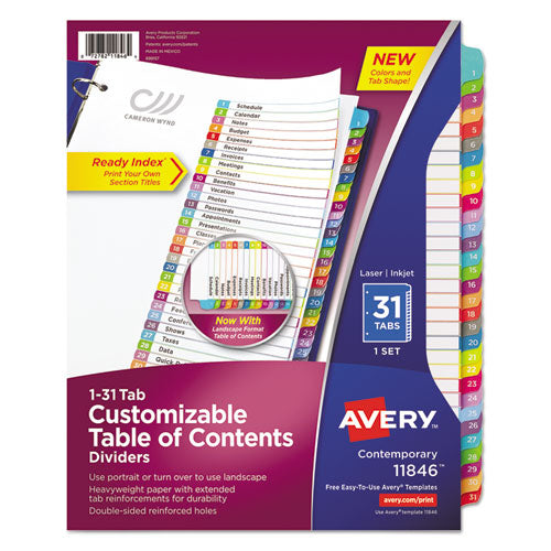 Image of Avery® Customizable TOC Ready Index Multicolor Tab Dividers, 31-Tab, 1 to 31, 11 x 8.5, White, Contemporary Color Tabs, 1 Set