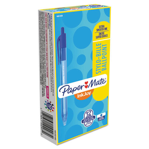 Image of Paper Mate® InkJoy 100 RT Ballpoint Pen, Retractable, Medium 1 mm, Blue Ink, Translucent Blue Barrel, Dozen