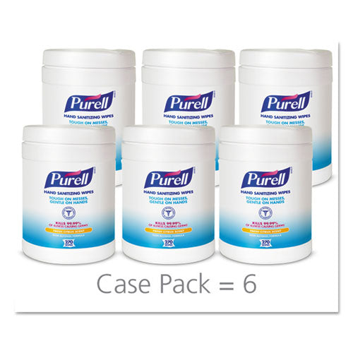 Image of PURELL® Sanitizing Hand Wipes, 6.75 x 6, Fresh Citrus, White, 270/Canister, 6 Canisters/Carton