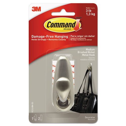 Image of Command Adhesive Mount Metal Hook, Medium, Brushed Nickel Finish, 3 lb Capacity, 1 Hook and 2 Strips